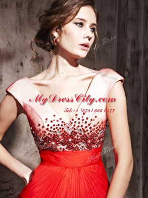 Floor Length Backless Prom Gown Coral Red for Prom and Party with Beading