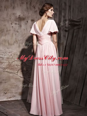 Dynamic Floor Length Side Zipper Prom Dresses Pink for Prom and Party with Beading and Ruching