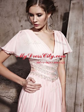 Dynamic Floor Length Side Zipper Prom Dresses Pink for Prom and Party with Beading and Ruching