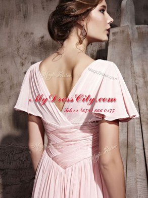 Dynamic Floor Length Side Zipper Prom Dresses Pink for Prom and Party with Beading and Ruching