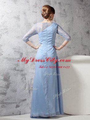 Beautiful Scoop Half Sleeves Prom Evening Gown Ankle Length Beading and Ruching Light Blue Chiffon