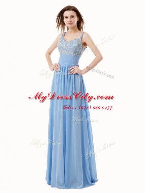 Blue Sleeveless Chiffon and Sequined Side Zipper Prom Dresses for Prom