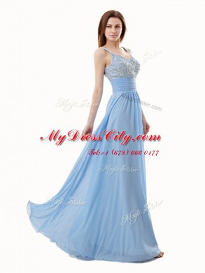 Blue Sleeveless Chiffon and Sequined Side Zipper Prom Dresses for Prom