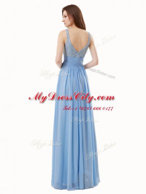 Blue Sleeveless Chiffon and Sequined Side Zipper Prom Dresses for Prom