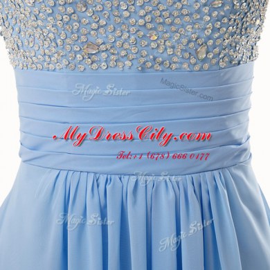 Blue Sleeveless Chiffon and Sequined Side Zipper Prom Dresses for Prom