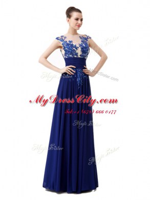 Blue Chiffon Zipper Prom Evening Gown Cap Sleeves Floor Length Beading and Appliques