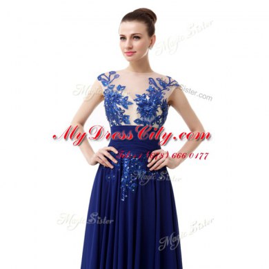 Blue Chiffon Zipper Prom Evening Gown Cap Sleeves Floor Length Beading and Appliques