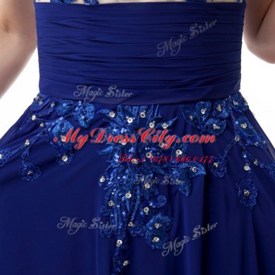 Blue Chiffon Zipper Prom Evening Gown Cap Sleeves Floor Length Beading and Appliques