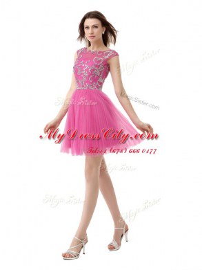 Scoop Cap Sleeves Mini Length Beading and Sequins and Pleated Zipper Club Wear with Rose Pink