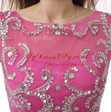 Scoop Cap Sleeves Mini Length Beading and Sequins and Pleated Zipper Club Wear with Rose Pink