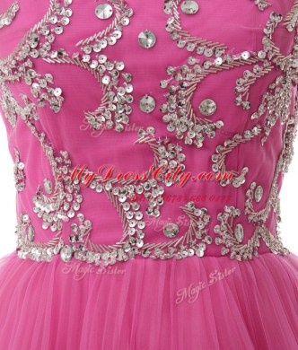 Scoop Cap Sleeves Mini Length Beading and Sequins and Pleated Zipper Club Wear with Rose Pink