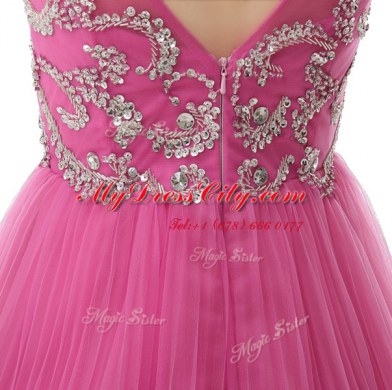 Scoop Cap Sleeves Mini Length Beading and Sequins and Pleated Zipper Club Wear with Rose Pink