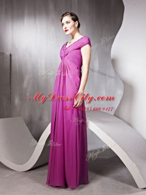 Artistic Rose Pink Tulle Zipper V-neck Cap Sleeves Floor Length Prom Party Dress Beading and Ruching