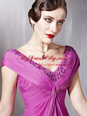 Artistic Rose Pink Tulle Zipper V-neck Cap Sleeves Floor Length Prom Party Dress Beading and Ruching