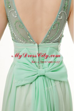 Modest Apple Green Scoop Neckline Beading and Bowknot Homecoming Dress Sleeveless Zipper