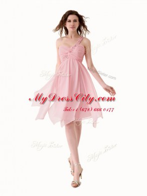 Gorgeous Knee Length Baby Pink Prom Party Dress One Shoulder Sleeveless Lace Up