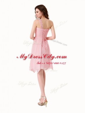 Gorgeous Knee Length Baby Pink Prom Party Dress One Shoulder Sleeveless Lace Up