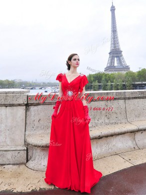 Sophisticated Red Column/Sheath Beading and Ruching Lace Up Chiffon Cap Sleeves With Train