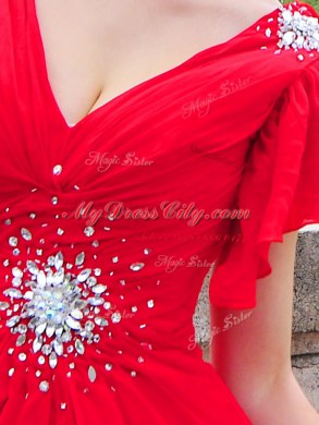 Sophisticated Red Column/Sheath Beading and Ruching Lace Up Chiffon Cap Sleeves With Train