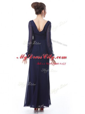 Pretty Navy Blue Long Sleeves Ankle Length Ruching Side Zipper Prom Evening Gown