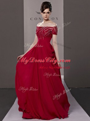 Best Selling Floor Length Red Prom Dresses Off The Shoulder Short Sleeves Zipper