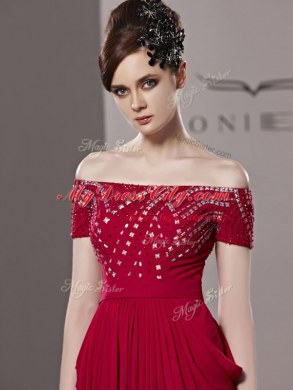 Best Selling Floor Length Red Prom Dresses Off The Shoulder Short Sleeves Zipper