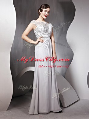 Deluxe Silver Chiffon Side Zipper Bateau Cap Sleeves Floor Length Prom Evening Gown Appliques and Ruching