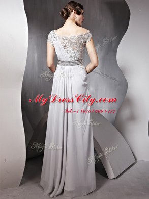 Deluxe Silver Chiffon Side Zipper Bateau Cap Sleeves Floor Length Prom Evening Gown Appliques and Ruching