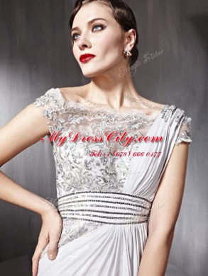 Deluxe Silver Chiffon Side Zipper Bateau Cap Sleeves Floor Length Prom Evening Gown Appliques and Ruching