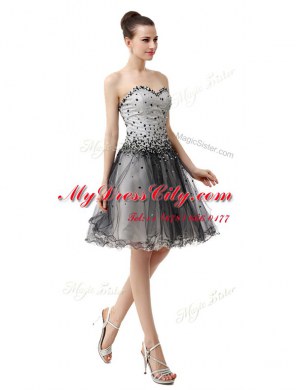 Black Organza Lace Up Prom Gown Sleeveless Knee Length Beading and Ruffled Layers and Ruching