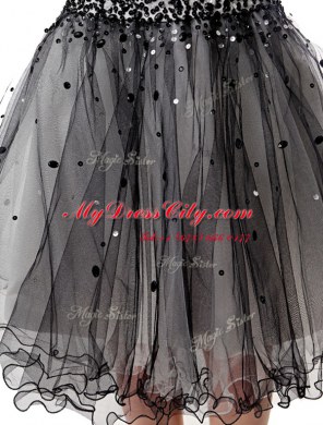 Black Organza Lace Up Prom Gown Sleeveless Knee Length Beading and Ruffled Layers and Ruching