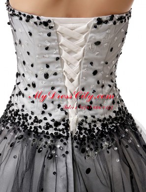 Black Organza Lace Up Prom Gown Sleeveless Knee Length Beading and Ruffled Layers and Ruching