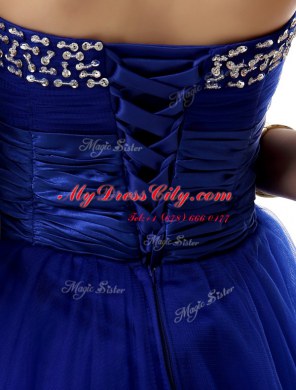 Royal Blue Sleeveless Ruffled Layers and Sequins and Ruching Knee Length Prom Dresses