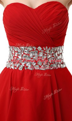 Mini Length Red Prom Dresses Chiffon Sleeveless Beading and Ruffles