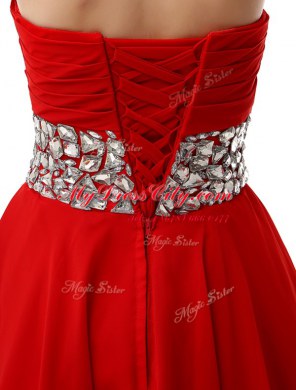 Mini Length Red Prom Dresses Chiffon Sleeveless Beading and Ruffles