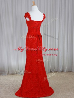 Luxury Red Sweetheart Lace Up Beading and Lace and Sashes ribbons Prom Gown Brush Train Cap Sleeves