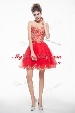 Fantastic Coral Red A-line Organza Sweetheart Sleeveless Appliques and Ruffles Mini Length Side Zipper Dress for Prom