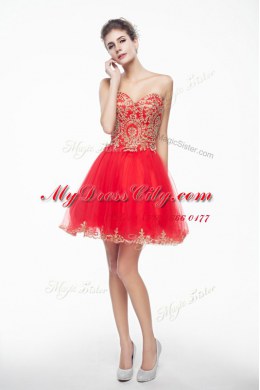 Fantastic Coral Red A-line Organza Sweetheart Sleeveless Appliques and Ruffles Mini Length Side Zipper Dress for Prom