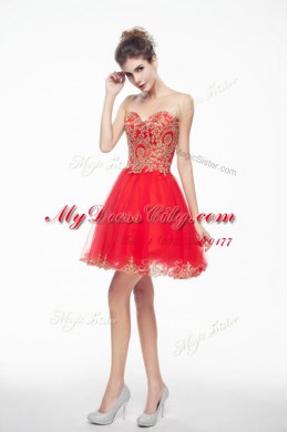 Fantastic Coral Red A-line Organza Sweetheart Sleeveless Appliques and Ruffles Mini Length Side Zipper Dress for Prom