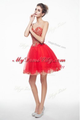 Fantastic Coral Red A-line Organza Sweetheart Sleeveless Appliques and Ruffles Mini Length Side Zipper Dress for Prom