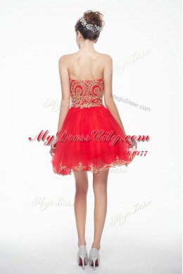 Fantastic Coral Red A-line Organza Sweetheart Sleeveless Appliques and Ruffles Mini Length Side Zipper Dress for Prom