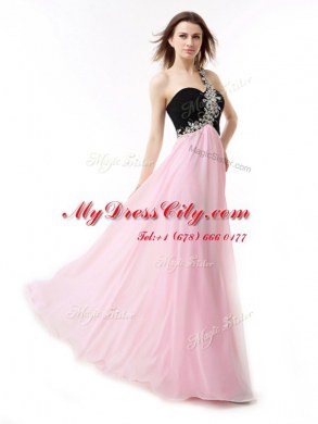 Fantastic One Shoulder Pink And Black Chiffon Zipper Prom Dresses Sleeveless Floor Length Beading and Appliques and Ruffles