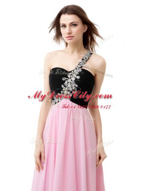 Fantastic One Shoulder Pink And Black Chiffon Zipper Prom Dresses Sleeveless Floor Length Beading and Appliques and Ruffles