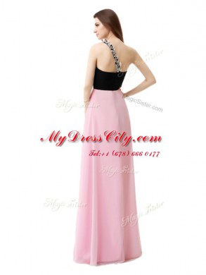 Fantastic One Shoulder Pink And Black Chiffon Zipper Prom Dresses Sleeveless Floor Length Beading and Appliques and Ruffles