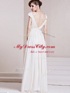 Column/Sheath Prom Gown White V-neck Chiffon Cap Sleeves Floor Length Backless