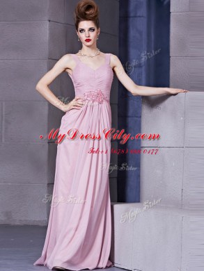 Amazing Scoop Beading and Ruching Prom Evening Gown Hot Pink Side Zipper Cap Sleeves Floor Length