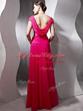 Amazing Scoop Beading and Ruching Prom Evening Gown Hot Pink Side Zipper Cap Sleeves Floor Length