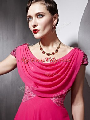 Amazing Scoop Beading and Ruching Prom Evening Gown Hot Pink Side Zipper Cap Sleeves Floor Length