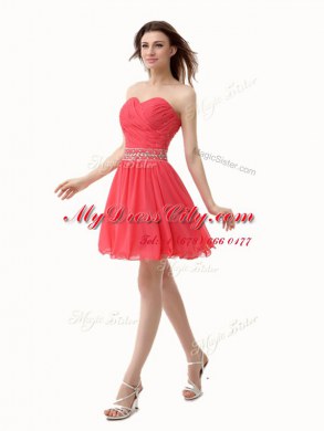 Watermelon Red Sweetheart Neckline Beading and Ruching Prom Dresses Sleeveless Zipper