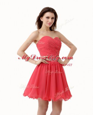 Watermelon Red Sweetheart Neckline Beading and Ruching Prom Dresses Sleeveless Zipper